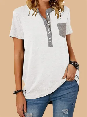 Stylish Patchwork Pocket Button T-shirt for Ladies