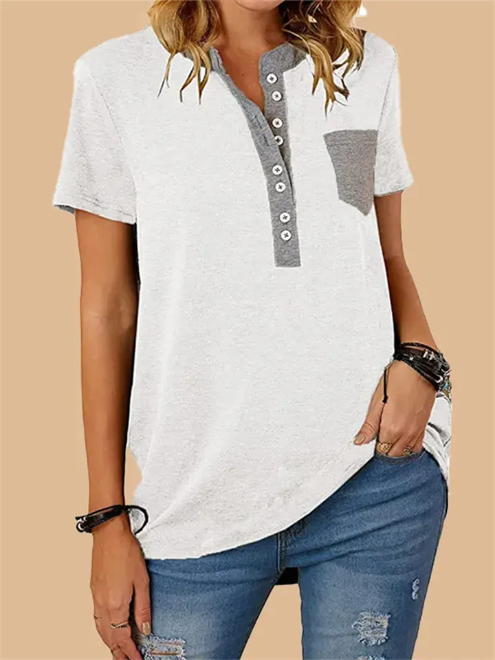 Stylish Patchwork Pocket Button T-shirt for Ladies