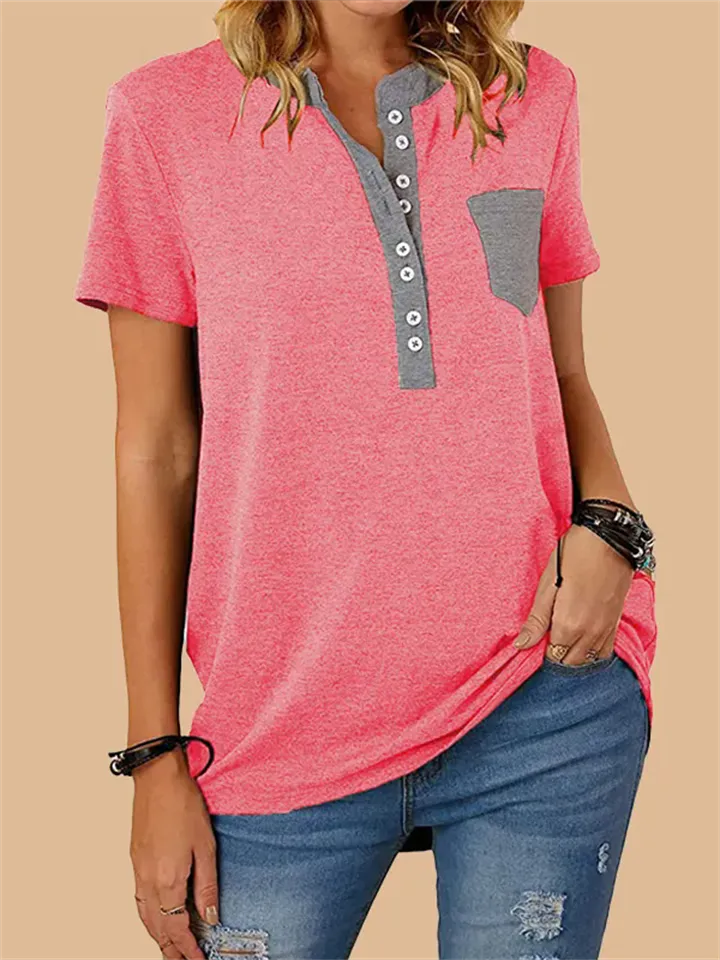 Stylish Patchwork Pocket Button T-shirt for Ladies