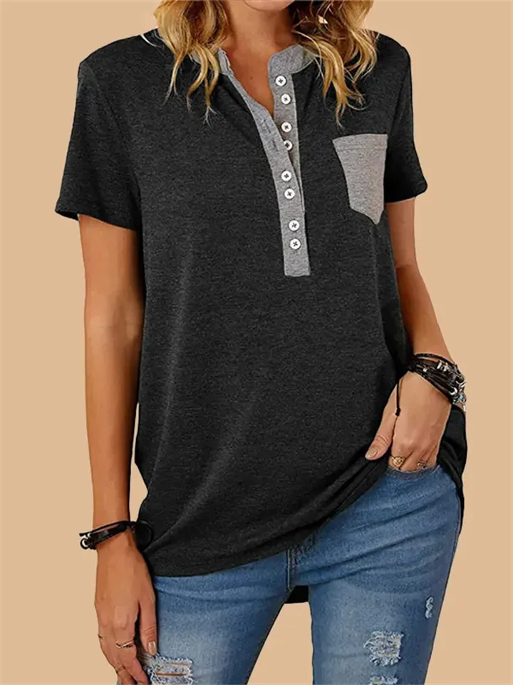Stylish Patchwork Pocket Button T-shirt for Ladies
