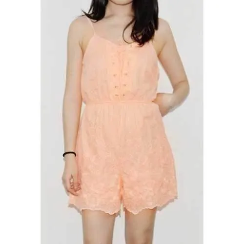 Stylish Spaghetti Strap Sleeveless Lace-Up Embroidered Women's Romper - Orangepink M