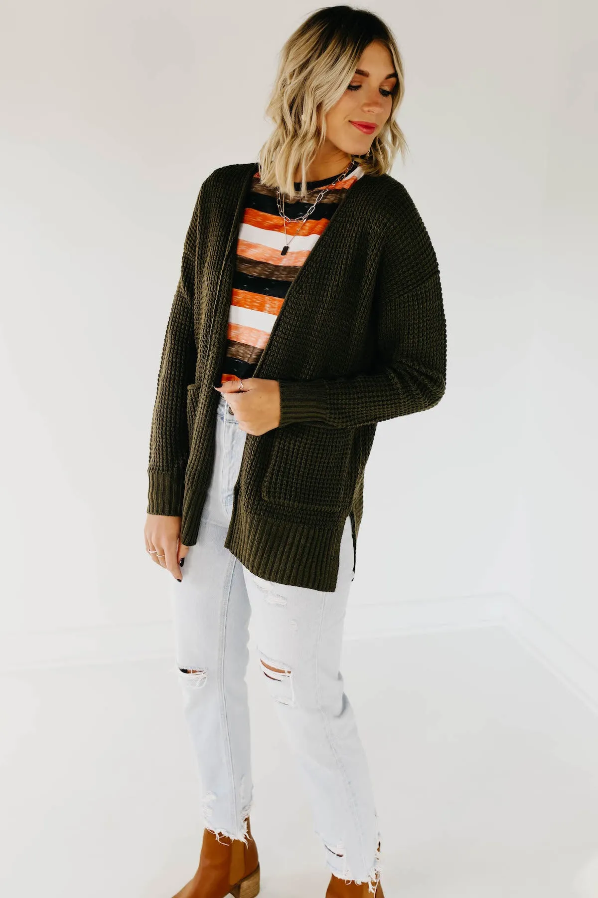 The Adele Waffle Cardigan - Dusty Olive