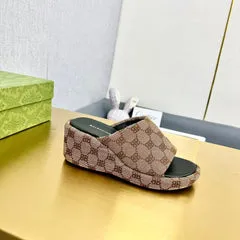 WEDGE SANDALS IN LIGHT BROWN MONOGRAM JACQUARD FABRIC