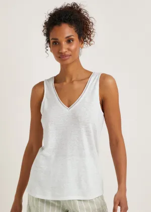 White Linen Blend Ladder Trim Vest Top - Size 16