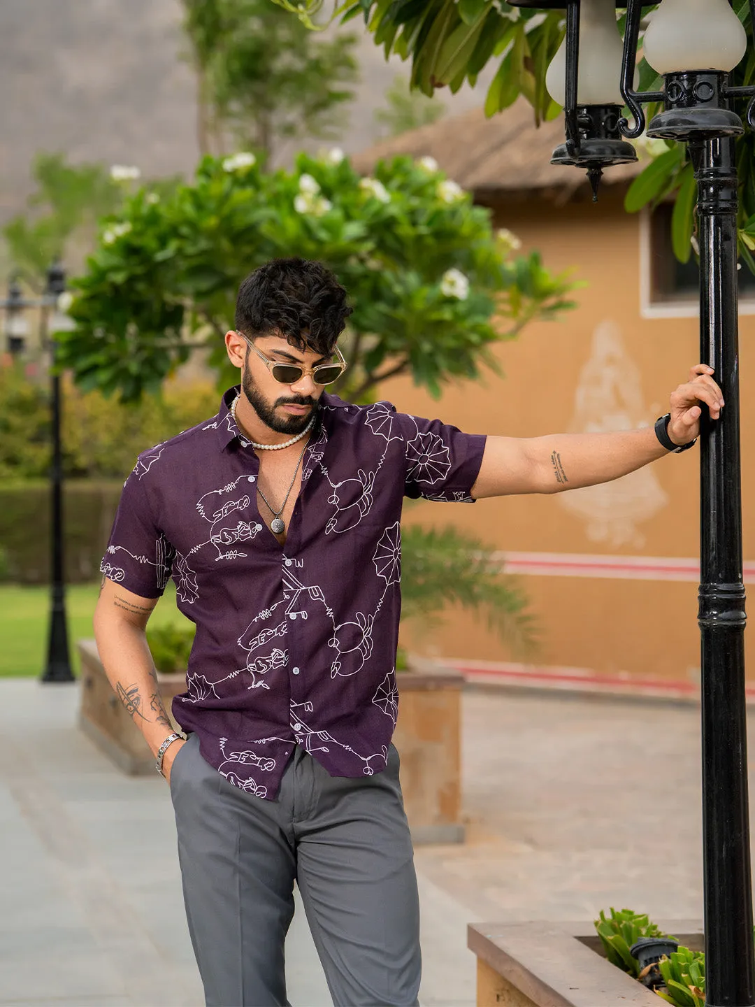 Wine  Abstract Embroidered  Linen Blend Half Sleeve Shirt