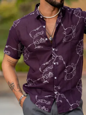 Wine  Abstract Embroidered  Linen Blend Half Sleeve Shirt