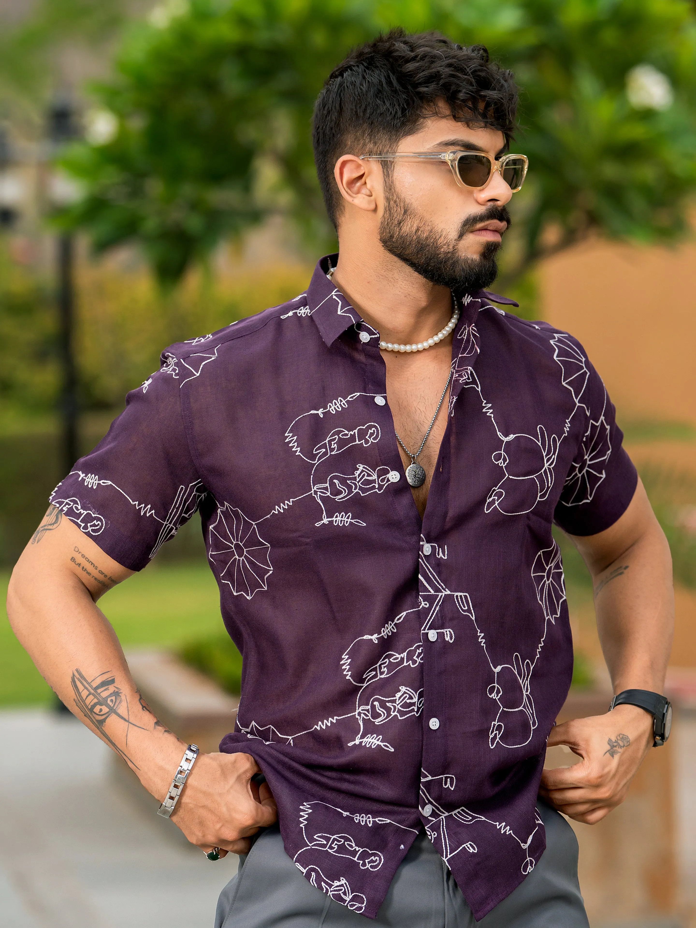 Wine  Abstract Embroidered  Linen Blend Half Sleeve Shirt