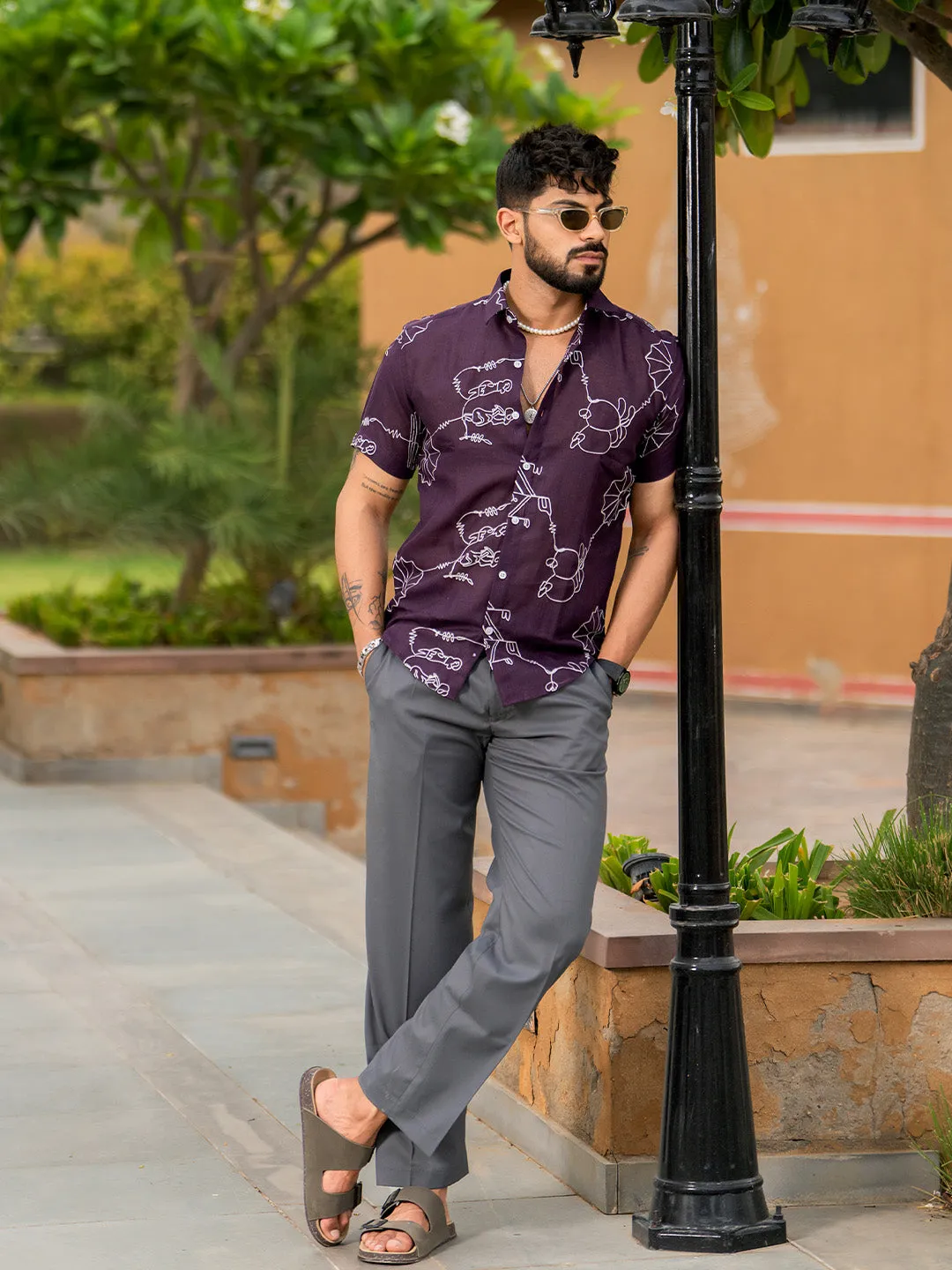 Wine  Abstract Embroidered  Linen Blend Half Sleeve Shirt