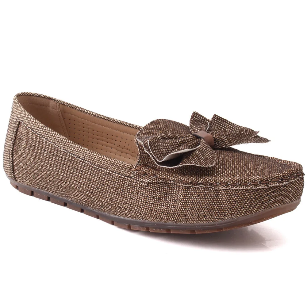Women “PERLA” Pearl Detailing Flat Slip On Shimmer Textured Casual Loafers
