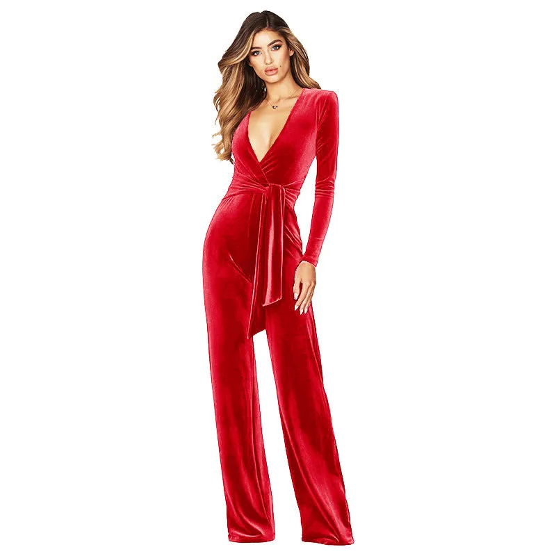 Women's Deep V Belted One-Piece Jumpsuit. Fashionable Velvet Long Sleeve Jumpsuit. Office Professional Wear.C-240923-4