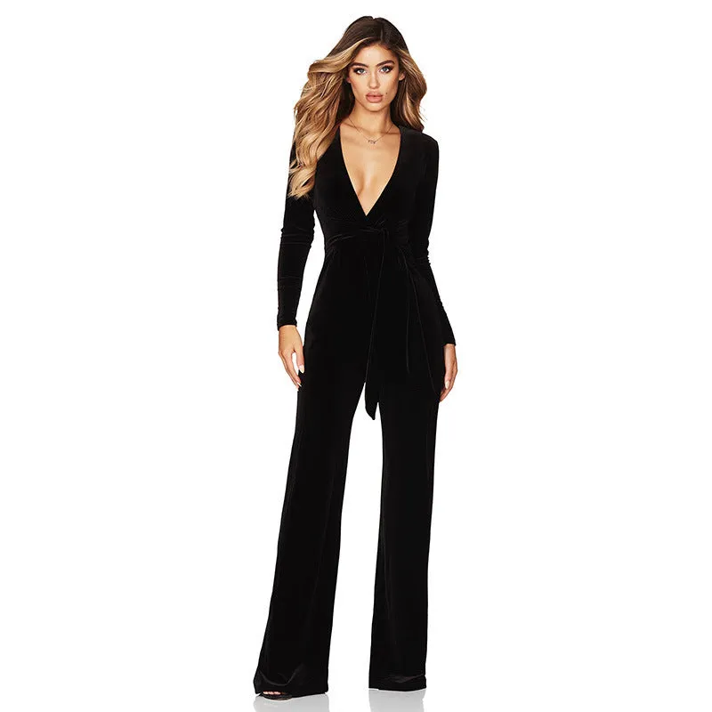 Women's Deep V Belted One-Piece Jumpsuit. Fashionable Velvet Long Sleeve Jumpsuit. Office Professional Wear.C-240923-4