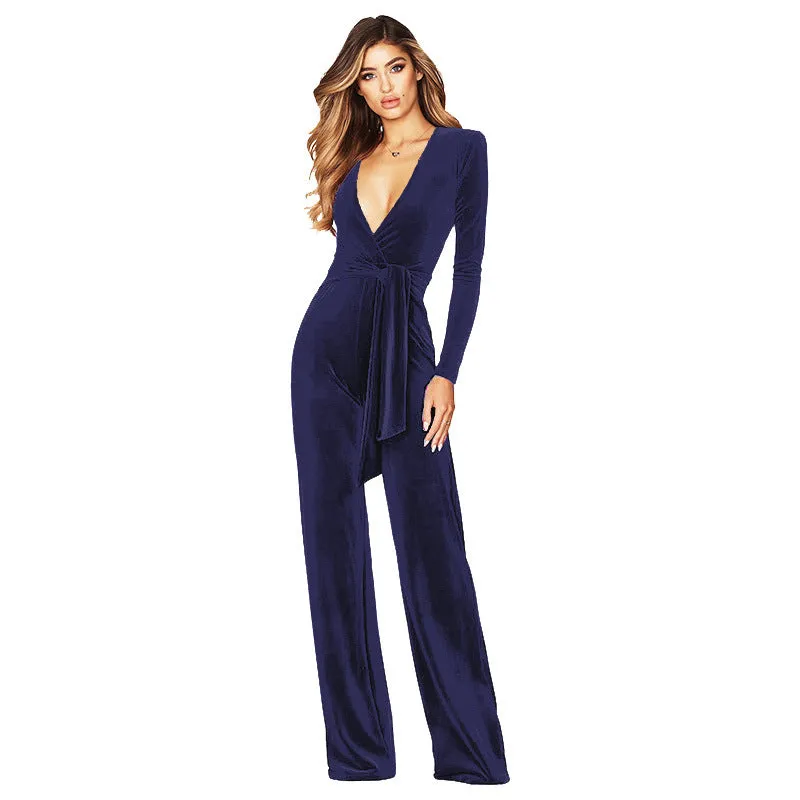 Women's Deep V Belted One-Piece Jumpsuit. Fashionable Velvet Long Sleeve Jumpsuit. Office Professional Wear.C-240923-4