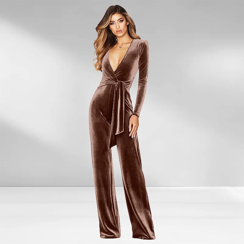 Women's Deep V Belted One-Piece Jumpsuit. Fashionable Velvet Long Sleeve Jumpsuit. Office Professional Wear.C-240923-4