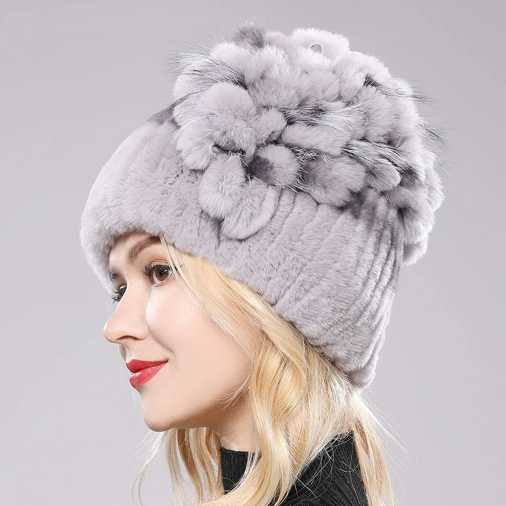 Women's Genuine Rex Rabbit Fur Hat Striped Top Flower Warm Real Fur Knit Beanie Caps