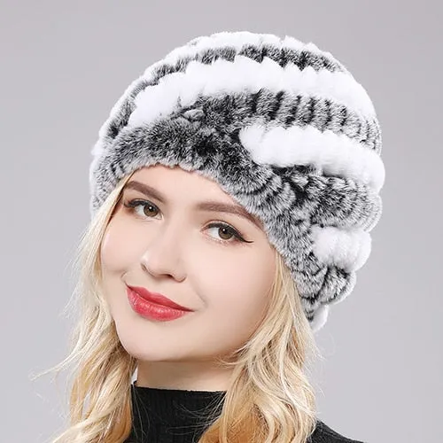 Women's Genuine Rex Rabbit Fur Hat Striped Top Flower Warm Real Fur Knit Beanie Caps