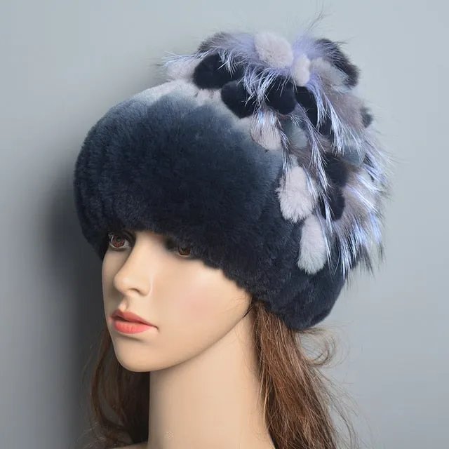 Women's Genuine Rex Rabbit Fur Hat Striped Top Flower Warm Real Fur Knit Beanie Caps