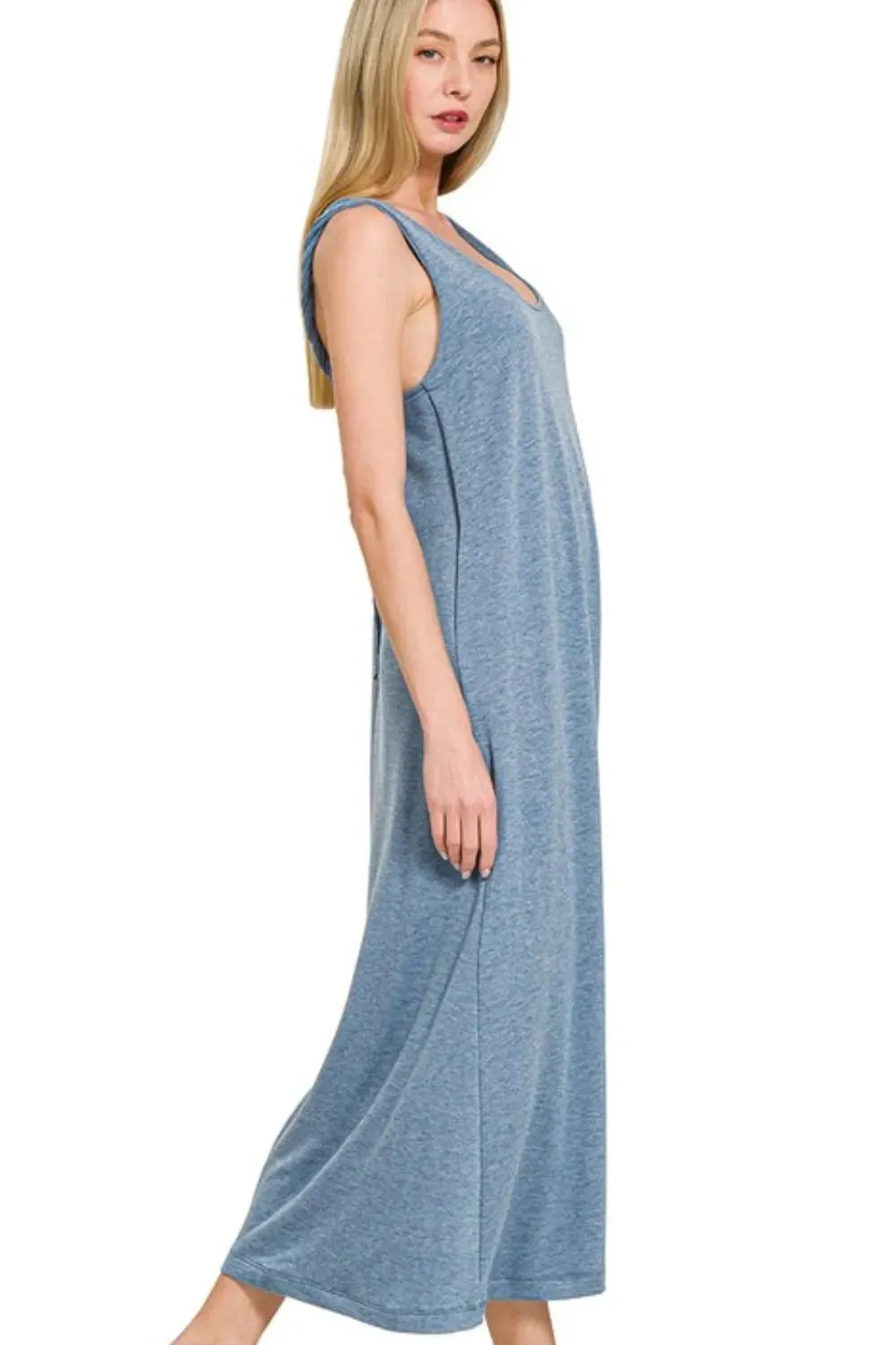 Zenana French Terry Twisted Strap Midi Dress